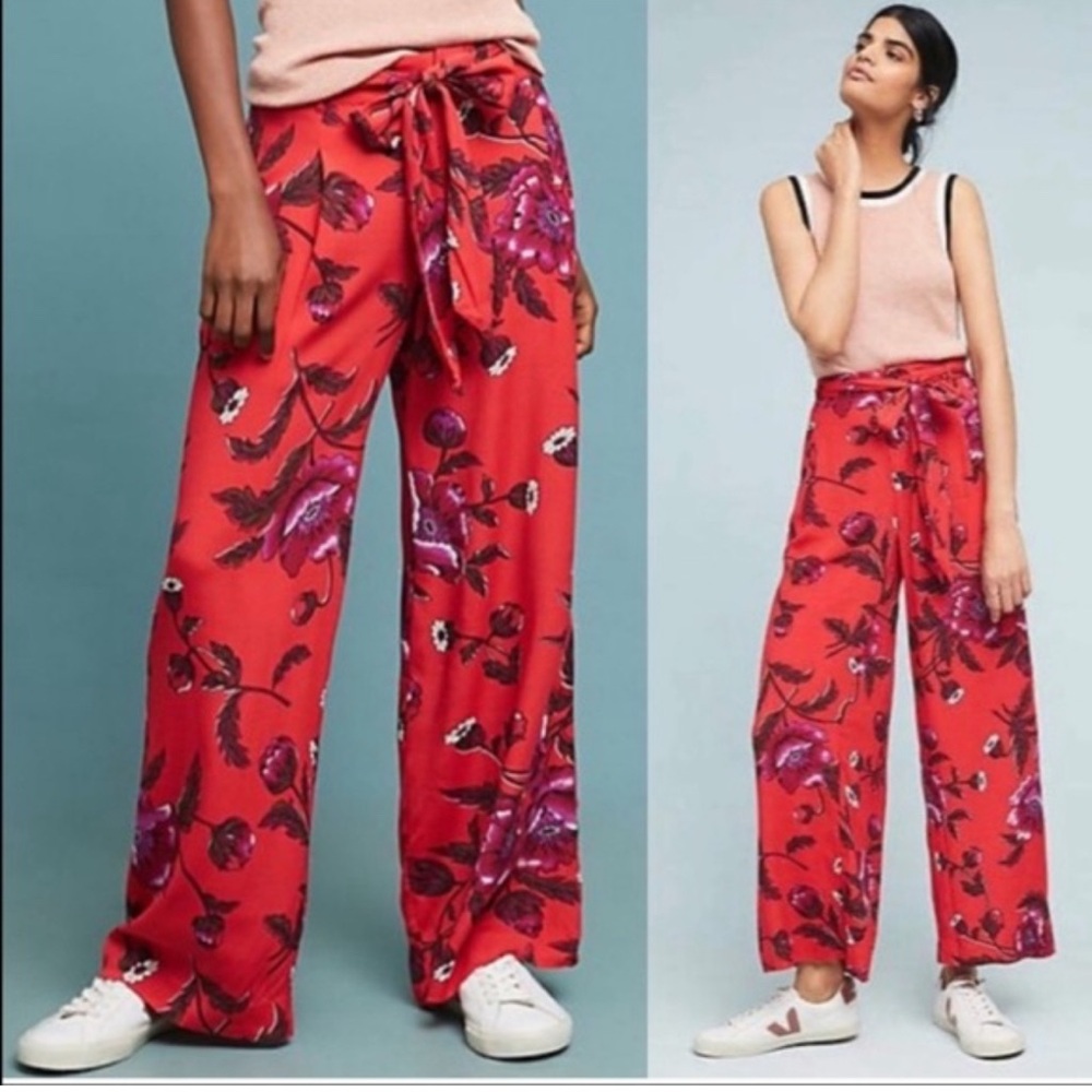Anthropologie Red Floral Red Pleated Wide Leg Pants